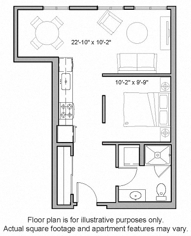 Floor plan for 1 bed, 1 bath, 644 sqft
